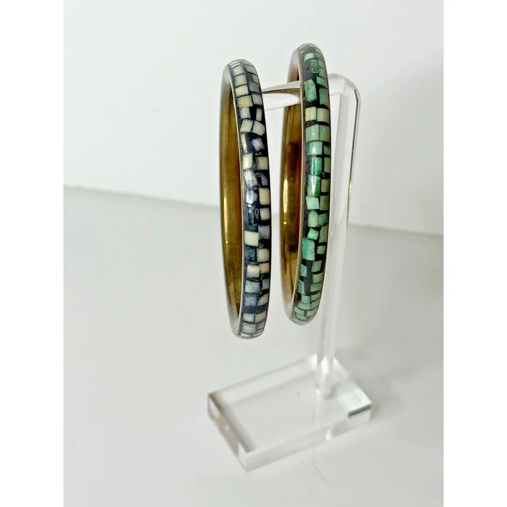Mosaic Inlay Stone Tile Bangle Bracelet Pair Brass Tone Green Cream Southwestern
